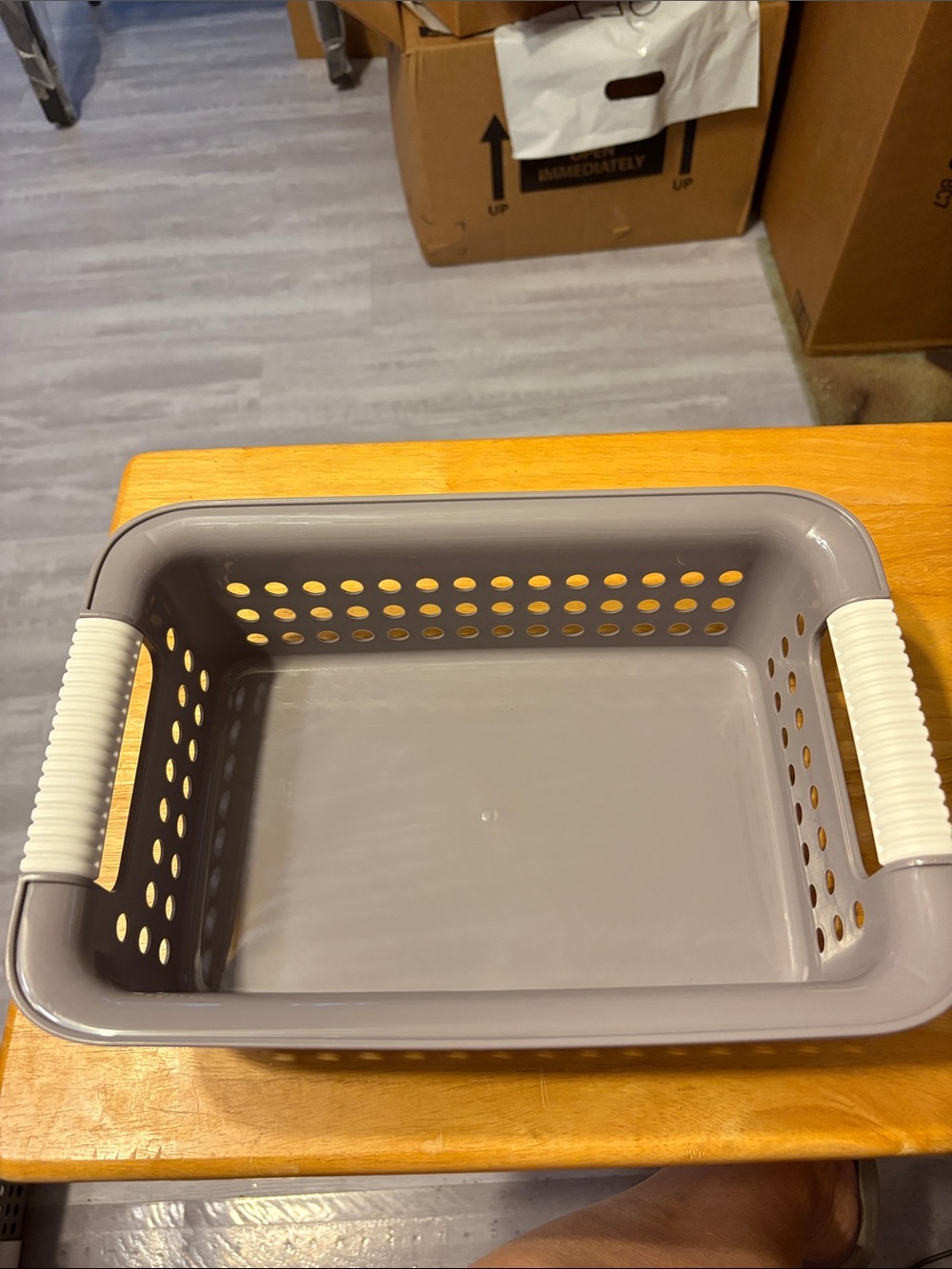 Neutral Gray Plastic Storage Basket with White Handles